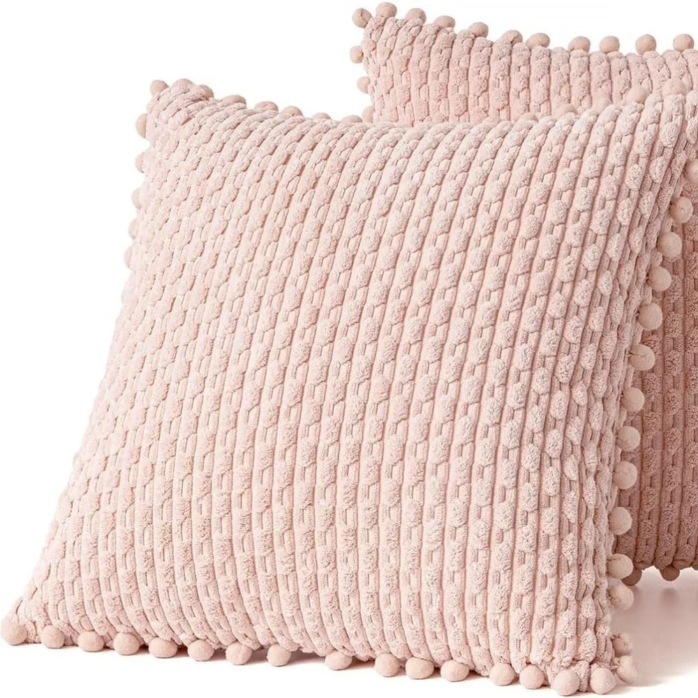 Pompom Pink Stripe Texture Corduroy Farmhouse Cute Luxury Soft Pillow Cover Set